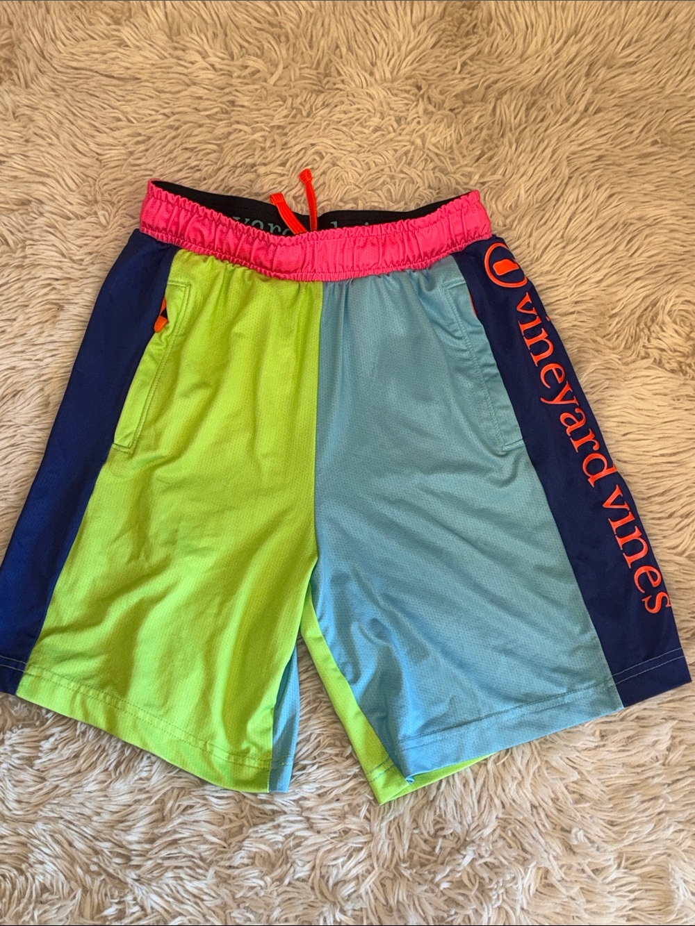 🐳 Vineyard Vines Colorblock Athletic Shorts - Neon Green & Light Blue youth smal